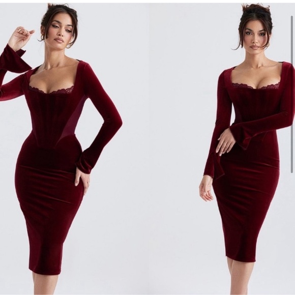 NWOT HOUSE OF CB Solaine Wine Red Velvet Long Sleeves Corset Midi Dress sz L - Picture 4 of 12